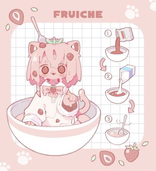 1girl :3 absurdres animal_ear_fluff animal_ears arrow_(symbol) bad_id bad_twitter_id bag bow bowl bowtie brooch buttons cat_ears cat_girl cat_tail colored_skin commentary_request deformed dress dripping food food_name fruit grid_background hand_up highres in_bowl in_container jewelry long_sleeves looking_at_viewer medium_hair milk milk_carton monster_girl motion_lines neck_fur nikamoka no_sclera object_on_head original outside_border parted_lips paw_pose paw_print pink_bow pink_bowtie pink_hair pink_skin pink_tail pouring rounded_corners sleeves_past_wrists slime_girl solo spoon strawberry tail wide_sleeves