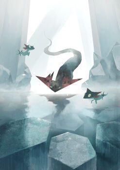 absurdres cchan_tuka commentary_request day dragapult dreepy floating fog gen_8_pokemon highres nintendo no_humans outdoors pokemon pokemon_(creature) pokemon_focus reflection water yellow_eyes