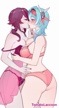 Rule 34 | 2girls, artist name, ass, blue hair, blush, bra, breast press, breasts, cleavage, commentary, eula (genshin impact), fingernails, genshin impact, hair ornament, hand on another's chin, hand on another's hip, hashtag-only commentary, highres, imminent kiss, large breasts, looking at another, multiple girls, nail polish, panties, pink bra, pink panties, purple bra, purple eyes, purple hair, purple panties, rosaria (genshin impact), simple background, strap slip, symmetrical docking, tomatolaccoon, underwear, wedgie, white background, yuri
