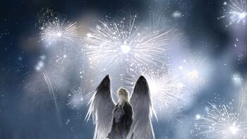 1boy aerial_fireworks ahoge alkaid_mcgrath alkaid_mcgrath_(until_the_end_of_time) angel_wings ascot black_wings blonde_hair brown_vest chinese_commentary closed_mouth commentary_request constellation_print earrings expressionless feather_hair_ornament feathered_wings feathers fireworks gradient_wings green_eyes hair_between_eyes hair_ornament half_updo highres jewelry lapels long_hair long_sleeves looking_at_viewer lovebrush_chronicles male_focus multicolored_wings night notched_lapels shirt sideways_glance solo star_(symbol) star_earrings vest wavy_hair white_ascot white_shirt wings wo_shi_baitao_zong