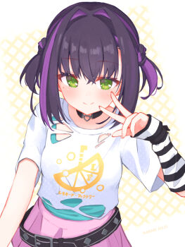 Rule 34 | 1girl, aqua shirt, arm warmers, belt, black belt, black choker, black hair, blush, character name, choker, cidre db, closed mouth, clothes writing, colored inner hair, commentary, cowboy shot, crossed bangs, film grain, green eyes, hair between eyes, hair intakes, hand up, heart, heart o-ring, highres, limelight lemonade jam, looking at viewer, medium hair, mole, mole under eye, multicolored hair, nabari anju, o-ring, o-ring choker, pink skirt, pleated skirt, purple hair, shirt, short sleeves, simple background, skirt, smile, solo, split mouth, t-shirt, torn clothes, torn shirt, two-tone hair, two side up, undershirt, v, white background, white shirt