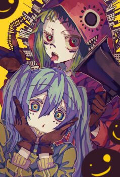 Rule 34 | 2girls, aqua eyes, aqua hair, black gloves, commentary request, facial mark, gloves, green eyes, green hair, green jacket, gumi, hachi38 hachi38, hair between eyes, hands on own face, hands up, hatsune miku, highres, jacket, long hair, long sleeves, looking at viewer, matryoshka (vocaloid), multiple girls, purple jacket, red jacket, short hair, tongue, tongue out, twintails, yellow background