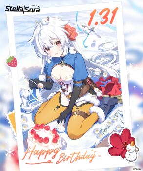 Rule 34 | 1girl, absurdres, animal, animal on shoulder, artist request, bird, bird on shoulder, birthday cake, black gloves, black shoes, blue ribbon, blue shrug, breasts, cake, cleavage, commentary, copyright name, dated, elbow gloves, english commentary, flower, food, footprints, fruit, fuyuka (stella sora), gloves, hair flower, hair ornament, happy birthday, highres, holding, holding spoon, kneeling, leotard, long hair, looking at viewer, official art, open mouth, photo (object), red eyes, red flower, ribbon, second-party source, shoes, shrug (clothing), snow, snowflake ornament, snowman ornament, solo, spoon, stella sora, strawberry, tearing up, thighhighs, tit (bird), white flower, white hair, yellow thighhighs