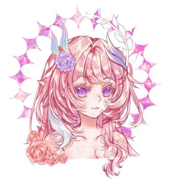 1girl breasts cleavage commentary_request cropped_torso cyrene_(demiurge)_(honkai:_star_rail) cyrene_(honkai:_star_rail) diamond-shaped_pupils diamond_(shape) dola_ramun halo highres honkai:_star_rail honkai_(series) korean_commentary large_breasts long_hair looking_at_viewer multicolored_hair pink_hair purple_eyes simple_background solo symbol-shaped_pupils topless_female two-tone_hair very_long_hair white_background white_hair