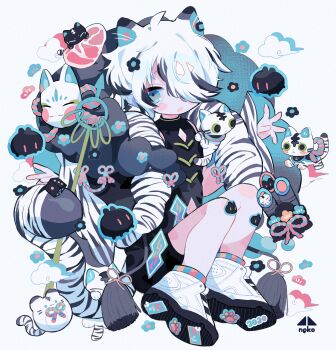 1boy absurdres animal_ears black_hair black_shirt black_shorts chinese_zodiac cleavage_cutout clothing_cutout commentary commentary_request cotono_(nazekun) dice english_commentary fang fox_mask full_body highres male_focus mask mixed-language_commentary multicolored_hair navel_cutout open_mouth original shirt shoes short_hair shorts skin_fang sneakers solo tail tiger_boy tiger_ears tiger_tail two-tone_hair white_hair white_shoes wide_sleeves year_of_the_tiger