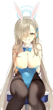 1girl :d animal_ear_hairband animal_ears armpit_crease arms_behind_back asuna_(blue_archive) asuna_(bunny)_(blue_archive) bare_shoulders black_pantyhose blue_archive blue_bow blue_bowtie blue_eyes blue_halo blue_leotard bow bowtie breasts brown_hair cleavage commentary detached_collar eyelashes fake_animal_ears feet_out_of_frame gloves grin hair_bow hair_over_one_eye hair_over_shoulder hairband halo highleg highleg_leotard highres kedge large_breasts leotard long_bangs long_hair looking_at_viewer mole mole_on_breast official_alternate_costume on_stool one_eye_covered open_mouth pantyhose playboy_bunny rabbit_ear_hairband rabbit_ears sidelocks simple_background sitting smile solo stool straight-on straight_hair strapless strapless_leotard thighband_pantyhose thighs tsurime very_long_hair white_background white_gloves white_hairband