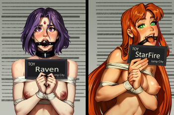 2girls ball_gag barbie_mugshot_(meme) bdsm blush bondage bound breasts character_name collar dc_comics english_text gag gagged green_eyes hands_up heart heart-shaped_pupils holding holding_sign large_breasts long_hair looking_at_viewer meme multiple_girls nipples open_mouth orange_hair purple_eyes purple_hair raven_(dc) sane-person shibari shiny_skin sign slave smile starfire sweat symbol-shaped_pupils teen_titans teeth tongue upper_body