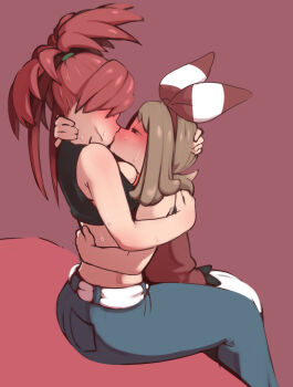 2girls absurdres age_difference ass back bare_shoulders belt blush bow_hairband breasts brown_hair closed_eyes denim flannery_(pokemon) hair_ribbon hairband half-closed_eyes highres hug jeans kiss may_(pokemon) midriff multiple_girls nintendo onee-loli pants pokemon pokemon_oras ponytail red_hair red_hairband red_ribbon ribbon sitting sleeveless striped sweat umonebi yuri