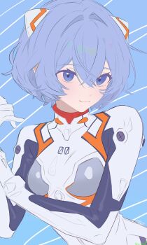 :3 blue_background blue_eyes blue_hair blush bob_cut bodysuit breasts cosplay hair_ornament hand_on_own_arm hands_up highres neon_genesis_evangelion noire_neige short_hair simple_background skin_tight small_breasts strinova yugiri_(strinova)