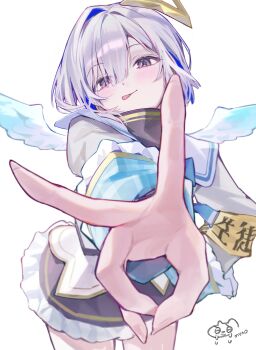 1girl :p absurdres amane_kanata angel_wings armband black_skirt blunt_bangs closed_mouth commentary_request cowboy_shot frilled_skirt frilled_sleeves frills grey_shirt hair_intakes hair_over_one_eye hand_on_own_hip highres hololive long_sleeves looking_at_viewer myao_(myaodayone) outstretched_arm purple_eyes shirt short_hair signature simple_background skirt solo textless_version tilted_halo tongue tongue_out v virtual_youtuber white_background wings