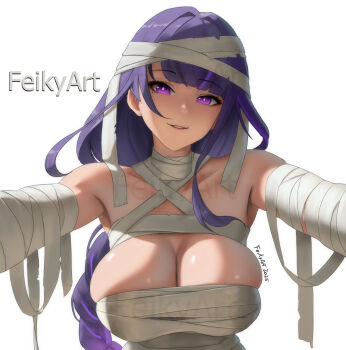 1girl artist_name bandaged_arm bandaged_chest bandaged_head bandaged_neck bandages braid breasts cleavage collarbone dated feikyart genshin_impact highres large_breasts very_long_braid long_hair looking_at_viewer mummy_costume outstretched_arms parted_lips purple_eyes purple_hair raiden_shogun reaching reaching_towards_viewer signature skindentation solo teeth upper_body