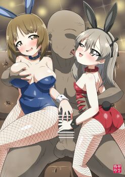 1boy 2girls absurdres animal_collar ass blush breasts brown_eyes brown_hair censored clothed_female_nude_male collar dark-skinned_male dark_skin erection fishnet_pantyhose fishnets girls_und_panzer grabbing_another&#039;s_breast groping hetero highres large_breasts licking_another&#039;s_face multiple_girls nishizumi_miho nude open_mouth pantyhose penis penis_grab playboy_bunny saliva shimada_arisu sitting sitting_on_lap sitting_on_person ugly_male yamakake_(tororo1293)