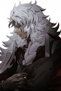 Rule 34 | 1boy, absurdres, bracelet, braid, commentary request, dark-skinned male, dark skin, facial mark, fate/grand order, fate (series), hand tattoo, highres, jewelry, long hair, male focus, profile, ring, simple background, single braid, solo, solomon (fate), tattoo, upper body, white background, white hair, yuririensu