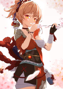 1girl arm_tattoo bandaged_arm bandages blonde_hair branch breasts cherry_blossoms chest_sarashi choker cowboy_shot eyeliner genshin_impact hadanugi_dousa hair_between_eyes hair_ornament highres holding holding_branch japanese_clothes kimono kinchaku looking_at_viewer makeup medium_breasts menchi-men nail_polish obi open_kimono orange_eyes orange_kimono orange_nails ponytail pouch red_eyeliner red_rope rope sarashi sash smile solo tattoo teeth vision_(genshin_impact) yoimiya_(genshin_impact)