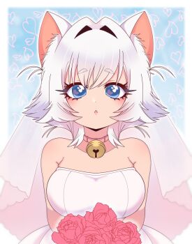 1girl absurdres animal_ear_fluff animal_ears bare_arms bare_shoulders bell bilingual_commentary blue_eyes bouquet breasts bridal_veil bride cat_ears collar commentary dress english_commentary erigo flower hair_intakes heart heart_in_eye highres holding holding_bouquet jingle_bell kimi_no_koto_ga_dai_dai_dai_dai_daisuki_na_100-nin_no_kanojo large_breasts looking_at_viewer mixed-language_commentary neck_bell nekonari_tama pink_collar short_hair simple_background solo straight-on strapless strapless_dress symbol_in_eye triangle_mouth upper_body veil wedding_dress white_hair