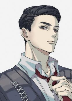 1boy adjusting_clothes adjusting_necktie bags_under_eyes black_eyes black_hair black_vest collared_shirt hair_slicked_back highres limbus_company looking_at_viewer male_focus meursault_(project_moon) n_nigiri necktie project_moon red_necktie serious shirt short_hair solo upper_body vest white_shirt