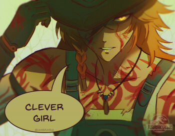 Rule 34 | 1boy, adjusting clothes, adjusting headwear, black gloves, blood, blood on face, blue overalls, braid, commentary, english text, gloves, glowing, glowing eye, hat over one eye, highres, honkai: star rail, honkai (series), jewelry, jurassic park, logo, male focus, mydei (chimerric park) (honkai: star rail), mydei (honkai: star rail), necklace, orange hair, overalls, parody, portrait, side braid, solo, torn clothes, twitter username, umbra (edits umbra), vignetting, yellow eyes