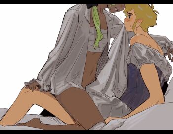 1boy 1girl blonde_hair blush chest_sarashi clothes_lift crossdressing crossdressing_(mtf) dark-skinned_female dark_skin dress dress_lift hair_over_shoulder hetero highres implied_penetration implied_sex interracial link mouth_hold navel nintendo open_clothes open_shirt sarashi senzo6700 stomach straddling sweat tetra the_legend_of_zelda the_legend_of_zelda:_the_wind_waker thighs upright_straddle