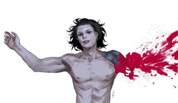 1boy amputee blood blood_splatter blue_eyes brown_hair captain_america:_the_winter_soldier captain_america_(series) hashtag-only_commentary huangdanlan long_hair looking_at_viewer male_focus marvel outstretched_arm prosthesis prosthetic_arm scar solo topless_male winter_soldier