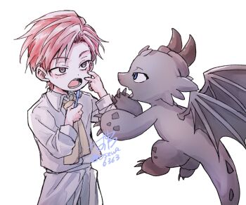 1boy aged_down ascot blue_eyes bright_pupils brushing_teeth cale_henituse child claws collared_shirt dated dragon flying highres holding holding_toothbrush horns long_sleeves looking_at_another lout_of_count&#039;s_family male_focus open_mouth osewa6363 pants raon_miru red_hair shirt short_hair signature simple_background teeth toothbrush white_background white_pants white_pupils white_shirt wings