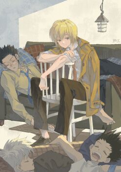 4boys bei_18 black_hair black_pants black_shoes blonde_hair blue_necktie brown_coat buttons chair closed_eyes coat coat_on_shoulders collared_shirt commentary couch glasses gon_freecss highres hunter_x_hunter killua_zoldyck kurapika leorio_paladiknight looking_at_another loose_necktie lying male_focus multiple_boys necktie no_shoes on_back on_chair on_couch open_mouth pants red_necktie shirt shoes short_hair sitting sitting_backwards sleeping sleeveless smile symbol-only_commentary teeth white_hair white_shirt