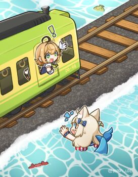 ! 2girls absurdres ahoge animal_ear_fluff animal_ears blonde_hair blue_overalls cat_ears crab dooby dooby_(1st_costume) fins fish_girl fish_tail gloves green_eyes highres indie_virtual_youtuber jerboa_tail kaniki_(sameko_saba) kappa kippu_(dooby) lifebuoy_hair_ornament long_hair low_twintails moon_ldl multicolored_hair multiple_girls overalls sameko_saba shirt short_hair sleeveless streaked_hair striped_clothes striped_overalls tail train twintails vertical-striped_overalls very_long_hair virtual_youtuber white_gloves white_shirt