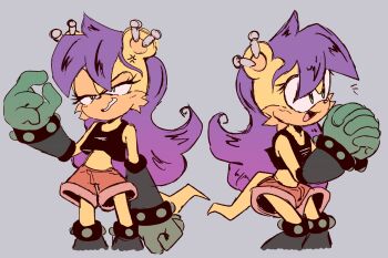 1girl anger_vein animal_ears animal_nose annoyed arm_at_side bare_shoulders black_footwear black_shirt blouse blush body_fur boots cropped_legs earrings female_focus flat_chest furry furry_female gloves green_eyes green_gloves grey_background grin half-closed_eyes hand_up hands_up happy highres interlocked_fingers jewelry knee_boots light_blush long_hair midriff mina_mongoose multiple_earrings multiple_views notice_lines open_mouth orange_fur orange_shorts own_hands_together purple_hair shirt short_shorts shorts simple_background sketch sleeveless sleeveless_shirt smile sonic_(series) stellarspin tail teeth two-tone_fur yellow_fur