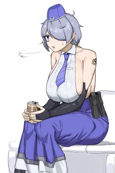 1girl :o absurdres backless_outfit black_gloves blue_eyes breasts brid_(nikke) bridal_gauntlets coffee earrings fingerless_gloves floating_earrings garrison_cap gloves goddess_of_victory:_nikke goma. grey_hair hat high-waist_skirt highres holster huge_breasts jewelry long_hair long_skirt low-tied_long_hair necktie parted_lips puff_of_air purple_hat purple_necktie purple_skirt shirt shoulder_tattoo sideboob sigh simple_background sitting skirt sleeveless solo striped_necktie sweatdrop tattoo white_background white_shirt