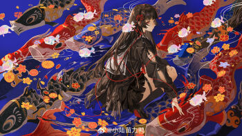 1girl absurdres arm_cutout black_hair black_jacket black_shoes black_skirt chisa_(wuthering_waves) clothing_cutout from_side full_body hair_ribbon highres jacket koi long_hair long_sleeves red_eyes red_ribbon ribbon sailor_collar shoes skirt solo squatting tacet_mark_(wuthering_waves) thigh_strap white_sailor_collar wuthering_waves xiaolumiaoliya