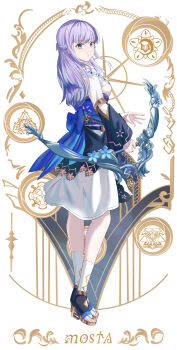 1girl absurdres artist_name blue_eyes bow_(weapon) breasts commentary dress flower from_behind full_body gradient_hair half_updo high_heel_sandals highres holding holding_bow_(weapon) holding_weapon long_hair looking_at_viewer looking_back medium_breasts mosta_(lo1777789) multicolored_hair original parted_lips patterned_background pink_hair purple_hair sandals simple_background socks solo symbol-only_commentary toenails toes weapon white_dress white_socks