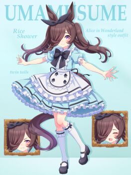 1girl alice&#039;s_adventures_in_wonderland alice_(alice_in_wonderland) alice_(alice_in_wonderland)_(cosplay) alternate_costume animal_ears apron black_hairband blue_dress blush bow bow_hairband brown_hair closed_eyes closed_mouth cosplay dress frills hair_bow hair_over_one_eye hairband highres hokuyukis horse_ears horse_girl horse_tail kneehighs long_hair looking_at_viewer open_mouth puffy_sleeves purple_eyes ribbon rice_shower_(umamusume) shoes short_sleeves smile socks solo tail twintails umamusume waist_apron white_apron white_socks