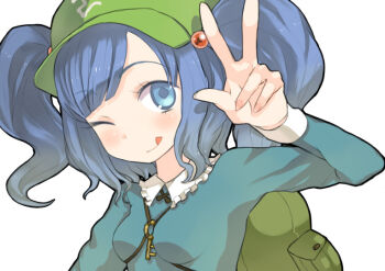 1girl :q backpack bag blue_eyes blue_hair female_focus hair_bobbles hair_ornament hat kawashiro_nitori key matching_hair/eyes randoseru short_hair solo tank_(artist) tongue tongue_out touhou twintails two_side_up