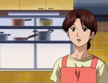 00s 1boy 1girl 2001 age_difference animated animated_gif apron black_hair blonde_hair brown_eyes brown_hair hair_bun hikaru_no_go housewife indoors kitchen mature_female mother_and_son multicolored_hair older_female_and_younger_male parted_bangs ponytail shindou_hikaru shindou_mitsuko shirt short_hair single_hair_bun standing tagme two-tone_hair