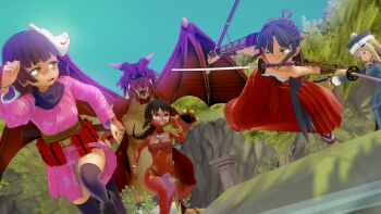 4girls absurdres aiming bandeau bikini black_hair blonde_hair breasts brown_hair cleavage dark-skinned_female dark_skin dragodragodran dragon etrian_odyssey grey_eyes gun highleg highres japanese_clothes large_breasts legs long_hair long_skirt looking_back mask medium_breasts midriff mouth_hold multiple_girls navel pants ponytail river running sarashi sarong scared shilleka short_hair skirt smile sweat swimsuit sword thighs tribal underboob water weapon yellow_eyes