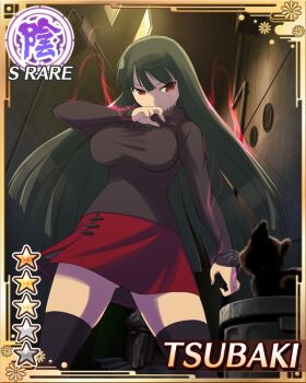 1girl aura black_hair black_shirt black_thighhighs border breasts card_(medium) casual cat character_name closed_mouth english_text game_cg gluteal_fold hime_cut large_breasts long_hair long_sleeves official_alternate_costume official_art red_eyes red_skirt senran_kagura senran_kagura_new_wave shirt skirt solo thighhighs tsubaki_(senran_kagura)