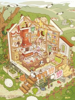 absurdly_detailed_composition animal apple artist_name baby_animal baguette bench bird book bottle bowl bread building candle cat chest_of_drawers commentary_request cooking_pot copyright_notice counter cup day diorama dog dough egg field fire fireplace food fruit highres house lantern loaded_interior log mug no_humans original outdoors overgrown path plant plate potted_plant puppy road rolling_pin sheep shelf table tree vines wan_(rdnt5487) whisk wooden_stool wooden_table