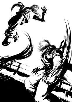 Rule 34 | 2boys, blade43883059, boots, capcom, denim, fatal fury, fatal fury: city of the wolves, fighting, fingerless gloves, gloves, jacket, jeans, ken masters, long sleeves, male focus, monochrome, multiple boys, pants, power dunk, short hair, shoryuken, snk, street fighter, street fighter 6, terry bogard