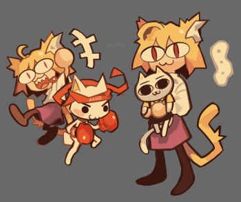 1boy 2girls :3 animal_ears bajinns black_socks blonde_hair boxing_gloves cat_ears cat_girl crazy doko_demo_issyo highres inoue_toro melty_blood multiple_girls neco-arc nekojiru_udon socks sony sweater teeth tongue tongue_out tsukihime very_big_eyes white_sweater