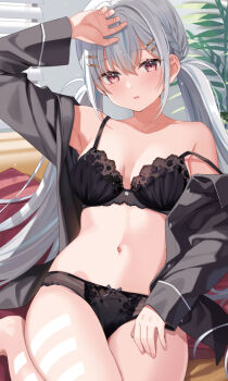 1girl arm_up armpits bare_shoulders barefoot black_bra black_panties black_shirt bra braid breasts collarbone hair_ornament hairclip hand_on_own_thigh kurasawa_moko lace lace-trimmed_bra lace_trim long_hair long_sleeves looking_at_viewer medium_breasts navel no_pants off_shoulder open_clothes open_shirt original panties parted_lips red_eyes shirt solo stomach string_bra twintails underwear very_long_hair white_hair