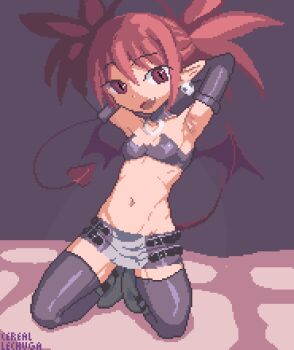 1girl :d armpits arms_behind_head artist_name bandeau bare_shoulders bed_sheet black_bandeau black_choker black_footwear black_gloves black_skirt black_straps black_thighhighs breasts cerealxs choker commentary demon_girl demon_tail demon_wings disgaea earrings english_commentary etna_(disgaea) fang gloves groin hair_up highres jewelry kneeling knees_apart_feet_together long_hair looking_at_viewer makai_senki_disgaea mini_wings miniskirt navel o-ring o-ring_choker on_bed open_mouth pixel_art pointy_ears purple_background red_eyes red_hair skirt skull_earrings slit_pupils small_breasts smile solo spread_eagle_position spread_legs strapless tail thighhighs tube_top twintails two-tone_skirt white_skirt wings zettai_ryouiki