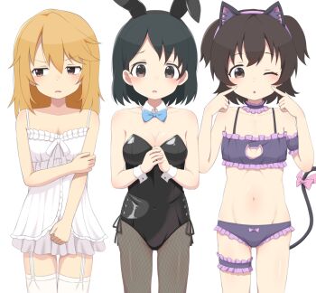 3girls ;o absurdres akagi_miria alternate_costume animal_ear_hairband animal_ears averting_eyes bikini black_hair black_leotard blue_bow blue_bowtie blush bow bowtie breasts brown_hair cat_cutout cat_ear_hairband cat_ears cat_tail chemise choker cleavage cleavage_cutout clothing_cutout detached_collar fake_animal_ears fake_tail fingers_to_cheeks frilled_bikini frilled_choker frilled_thigh_strap frills garter_straps hairband highres idolmaster idolmaster_cinderella_girls idolmaster_cinderella_girls_u149 leotard lineup loli looking_at_viewer medium_hair mooramango multiple_girls navel one_eye_closed orange_hair own_hands_together playboy_bunny purple_bikini rabbit_ear_hairband rabbit_ears sasaki_chie short_hair simple_background sleeves_past_wrists small_breasts stomach straight_hair strapless strapless_leotard swimsuit tail thigh_strap thighhighs two_side_up white_background white_chemise white_garter_straps white_thighhighs yuuki_haru