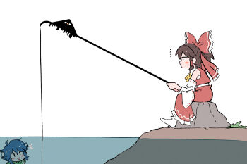 ... 2girls :d black_eyes blue_hair blush_stickers boulder bow brown_hair commentary_request detached_sleeves fins fishing fishing_rod fossilized_wonders frilled_skirt frills from_side gohei hair_bow hair_tubes hakurei_reimu head_fins highres holding holding_fishing_rod kurachi_mizuki long_skirt long_sleeves medium_hair multiple_girls open_mouth profile red_bow red_skirt red_vest ribbon-trimmed_sleeves ribbon_trim sitting skirt smile socks touhou vest wakasagihime water white_background white_sleeves white_socks |_|