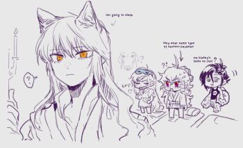 !? 4girls ? ahoge animal_ears blake_belladonna blush breasts cat_ears chibi closed_eyes closed_mouth commentary english_commentary english_text futon grey_eyes hiru315 holding holding_pillow long_hair looking_at_viewer medium_breasts multiple_girls open_mouth pillow red_eyes ruby_rose rwby scar scar_across_eye scar_on_face short_hair sleepwear smile spoken_question_mark standing sweat weiss_schnee yang_xiao_long yellow_eyes