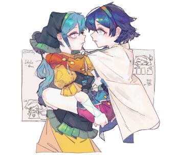 2girls 4qw5 arm_ribbon belt black_belt blue_dress blue_eyes blue_hair blue_hairband border breasts carrying carrying_person cloak commentary_request dress frills green_dress green_hairband green_headscarf hair_between_eyes hairband haniyasushin_keiki headscarf highres long_hair long_sleeves looking_at_another medium_breasts multicolored_dress multicolored_hairband multiple_girls orange_dress orange_hairband outside_border patchwork_clothes pink_dress pink_hairband pocket puffy_short_sleeves puffy_sleeves purple_eyes purple_hairband red_dress ribbon short_hair short_sleeves smile teeth tenkyuu_chimata touhou wavy_hair white_border white_cloak yellow_dress yuri