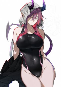 1boy 1girl alternate_costume arknights ascalon_(arknights) black_one-piece_swimsuit black_shirt breasts collarbone colored_inner_hair commentary competition_swimsuit covered_navel cowboy_shot demon_girl demon_horns demon_tail ear_piercing earclip ears_through_hood expressionless hair_between_eyes highleg highleg_one-piece_swimsuit highres hoederer_(arknights) hood hood_up horns horns_through_hood large_breasts long_hair looking_at_viewer multicolored_hair one-piece_swimsuit parted_lips piercing pink_eyes pink_hair pointy_ears purple_hair purple_horns sharp_tail shirt sidelocks simple_background solo_focus speech_bubble standing swimsuit tail teardrop_facial_mark thigh_gap translated two-tone_hair unworn_shirt user_xngt2388 white_background white_hood