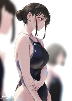 3girls artist_name aya_(jonsun) black_hair black_one-piece_swimsuit blurry blurry_background breasts commentary_request competition_swimsuit depth_of_field hair_bun jonsun large_breasts multiple_girls one-piece_swimsuit original sidelocks signature single_hair_bun solo_focus swimsuit white_background