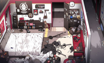 absurdly_detailed_composition absurdres arknights bag bean_bag_chair bed black_footwear black_jacket black_shorts boots bottle box bra brown_bag bulletin_board camera can cardboard_box character_doll chest_of_drawers clock couch cushion dartboard doll door doorway drinking_straw electrical_outlet emperor_(arknights) exusiai_(arknights) grey_panties hallway handbag highres jacket kataokasan kettle lappland_(arknights) loaded_interior nintendo_switch nintendo_switch_pro_controller no_humans panties penguin_logistics_logo phonograph pink_bra pitcher_(container) scroll shorts snack speaker stuffed_animal stuffed_rabbit stuffed_toy sword texas_(arknights) trash_can tripod underwear unworn_boots unworn_bra unworn_jacket unworn_panties unworn_shorts vinyl_record wall_clock weapon window window_blinds wire