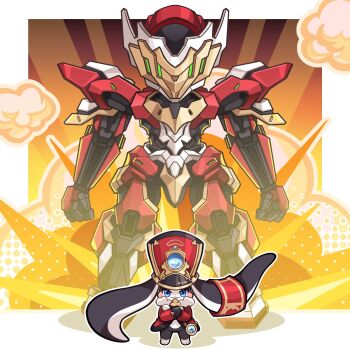 Rule 34 | 1other, armor, artist request, blue eyes, closed mouth, commentary, crossed arms, explosion, full armor, green light, hat, highres, honkai: star rail, honkai (series), jacket, pocket watch, pom-pom (honkai: star rail), power armor, red armor, red hat, red jacket, sam (honkai: star rail), shako cap, very long ears, watch