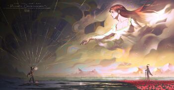 1boy 1girl absurdres breasts caballero_58 chinese_commentary cleavage collarbone commentary commentary_request commission commissioner_name english_commentary field floating_hair flower flower_field green_eyes highres holding holding_sword holding_weapon landscape lea_florence_monad lies_of_p lies_of_p:_overture long_hair mountainous_horizon pinocchio_(lies_of_p) red_flower red_hair standing sword walking weapon