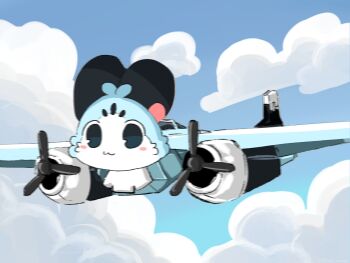 :3 ai-generated_art_(topic) aircraft airplane animal_ears blush_stickers bombombini_gusini chattino_(raora_panthera) cloud commentary flying highres hololive hololive_english italian_brainrot_ai_animals_(meme) meme motion_blur no_humans outdoors propeller virtual_quokka virtual_youtuber